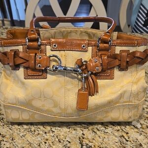 Coach Tan and Brown Signature Handbag